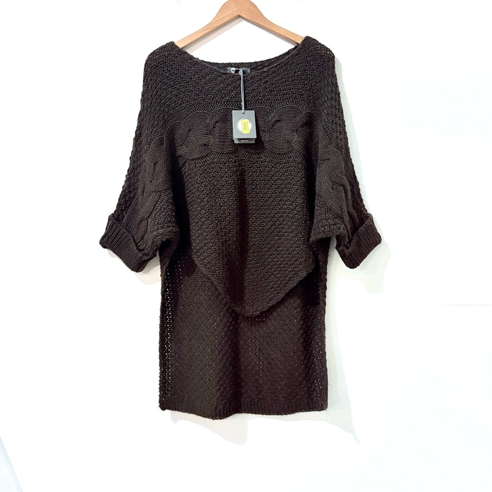M Made In Italy Chocolate Brown Cable Knit Scoop Neck Hi Low Sweater Tunic Large
